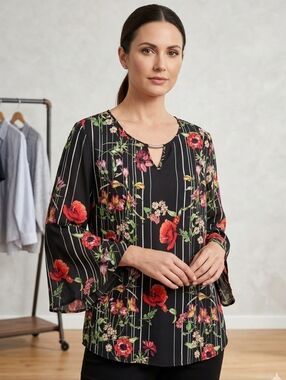 Cato Dressy Black Romantic Floral & Stripe Keyhole Top Size 22/24